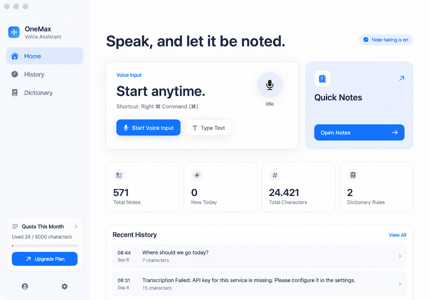 OneMax macOS app voice capture entry.